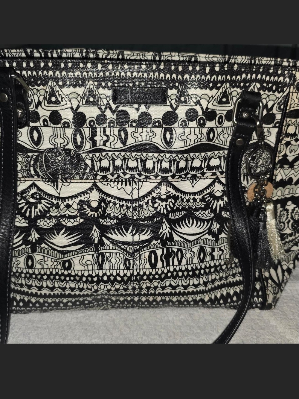 Sakroots Black & White Tribal Canvas Tote with Tassel Charm